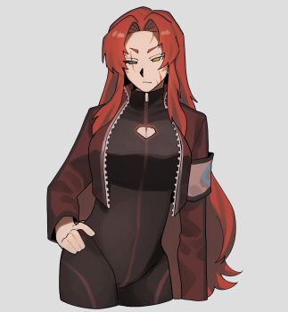 11230kingyo armband breasts cleavage cleavage_cutout closed_mouth clothing_cutout cowboy_shot gebura_(project_moon) grey_background hand_on_own_hip heterochromia highres jacket lobotomy_corporation long_hair looking_at_viewer parted_bangs project_moon red_armband red_hair red_jacket scar scar_on_face sidelocks simple_background very_long_hair zipper
