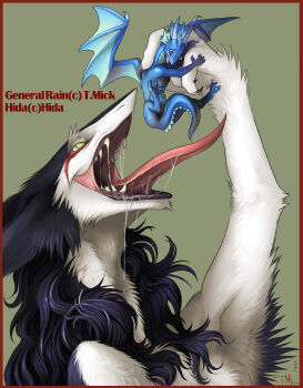 arms_up artist_name blue_eyes blue_skin border claws colored_skin dragon drooling fangs furry green_background green_eyes imminent_vore lips long_tongue multicolored_hair open_mouth rain_silves red_border saliva scar sergal simple_background size_difference source_request tail teeth tongue tongue_out trancy_mick vore wings