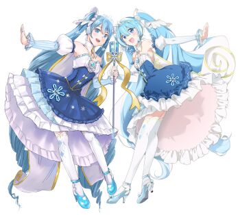 2girls agonasubi bare_shoulders blue_dress blue_eyes blue_hair breasts brooch cape center_frills clone commentary_request detached_sleeves dress earrings eighth_note framed_breasts frilled_dress frilled_sleeves frills full_body glass_slipper gold_trim hair_between_eyes hair_ornament hatsune_miku high_heels highres holding holding_microphone_stand hoop_skirt jewelry layered_dress lens_flare long_hair long_sleeves magical_mirai_(vocaloid) microphone_stand multiple_girls musical_note open_mouth pantyhose princess puffy_detached_sleeves puffy_sleeves rabbit simple_background skirt_hold slippers small_breasts smile snowflake_hair_ornament snowflake_print snowflakes strapless strapless_dress striped_sleeves tiara twintails very_long_hair vocaloid white_background white_pantyhose yuki_miku yuki_miku_(2019)