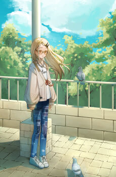 1girl :o absurdres arms_at_sides bird blonde_hair blue_pants blue_sky brown_cardigan cardigan cellphone chain chain_necklace cloud cloudy_sky collarbone colored_eyelashes commentary_request denim earrings floating_hair full_body gakuen_idolmaster glasses gradient_hair grey_hair hair_ornament hairclip highres holding holding_phone idolmaster jeans jewelry long_hair long_sleeves looking_at_animal looking_down multicolored_hair nature necklace neu_(neu_neu1117) open_cardigan open_clothes open_mouth orange_eyes outdoors pants parallel_hairclips parted_bangs phone pigeon puffy_long_sleeves puffy_sleeves railing red_ribbon ribbon round_eyewear shinosawa_hiro shirt shoes sky sleeves_past_wrists smartphone sneakers solo standing stud_earrings t-shirt tree white_shirt white_shoes wind