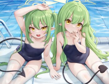 2girls arm_up black_tail blue_archive blue_one-piece_swimsuit breasts closed_mouth collarbone commentary comodox competition_school_swimsuit covered_navel demon_girl demon_tail earrings english_commentary fang green_hair green_halo halo hand_up highres hikari_(blue_archive) jewelry large_variant_set long_hair looking_at_viewer multiple_girls nozomi_(blue_archive) on_ground one-piece_swimsuit open_mouth pointy_ears pool poolside school_swimsuit siblings sisters sitting skin_fang small_breasts swimsuit tail thighhighs twins twintails v-shaped_eyebrows variant_set wavy_hair white_thighhighs yellow_eyes