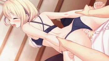 animated animated_gif arm_grab arm_held_back arms_behind_back arms_pulled blonde_hair blue_eyes blush bouncing_breasts bra bra_pull breasts breasts_out censored clothes_pull clothing_aside collarbone happy_sex medium_breasts nipples panties panties_aside reverse_cowgirl_position riding sex straddling underwear