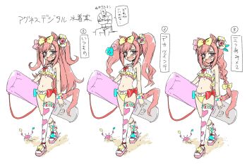 1boy 1girl agnes_digital_(umamusume) alternate_costume alternate_hairstyle bikini blue_eyes blush bob_(you-u-kai) breasts collarbone commentary_request flower full_body hair_flower hair_ornament highres long_braid long_hair looking_at_viewer navel open_mouth pink_hair single_thighhigh small_breasts solo_focus standing swimsuit thighhighs trainer_(umamusume) translation_request twintails umamusume