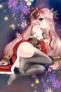 Rule 34 | 1girl, :o, air bubble, black dress, black ribbon, black thighhighs, blush, braid, breasts, brown horns, bubble, christmas, commentary request, demon horns, detached sleeves, draph, dress, flower, fur-trimmed dress, fur-trimmed sleeves, fur trim, granblue fantasy, hair over one eye, hair ribbon, heart, heart-shaped pupils, highres, holly, horn ornament, horn ribbon, horns, long hair, looking at viewer, low-tied long hair, low twintails, lying, mashimaro tabetai, medium breasts, narmaya (granblue fantasy), narmaya (holiday) (granblue fantasy), no shoes, on side, parted lips, pink hair, pointy ears, ribbon, santa costume, santa dress, sleeveless, sleeveless dress, snowman hair ornament, solo, swept bangs, symbol-shaped pupils, thighhighs, twintails, very long hair