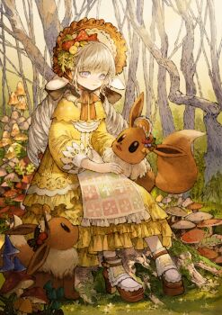 1girl 2others absurdres animal_ears baiguiyu bonnet dress eevee forest frills gen_1_pokemon grass high_heels highres lace_trim multiple_others mushroom nature nintendo original pokemon purple_eyes sitting yellow_dress
