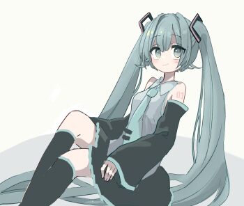 Rule 34 | :3, ameshi (rzuw4482), aqua hair, aqua necktie, black skirt, black sleeves, black socks, body writing, closed mouth, commentary, detached sleeves, double-parted bangs, feet out of frame, green eyes, green trim, grey background, grey shirt, hair intakes, hatsune miku, kneehighs, knees up, leaning back, long hair, long sleeves, looking up, necktie, pleated skirt, shirt, simple background, sitting, skirt, sleeveless, sleeveless shirt, sleeves past wrists, socks, straight hair, tie clip, twintails, very long hair, vocaloid, white background, wing collar