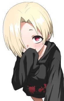 1girl black_hoodie blonde_hair blush bottomless child commentary covering_own_mouth ear_piercing hair_over_one_eye halulu highres hood hoodie idolmaster idolmaster_cinderella_girls looking_at_viewer one_eye_covered open_mouth piercing red_eyes shirasaka_koume short_hair simple_background sleeves_past_fingers sleeves_past_wrists smile solo symbol-only_commentary tareme white_background