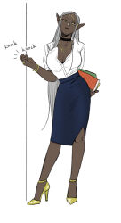 Rule 34 | 1girl, alternate costume, blue skirt, book, bra, bra peek, bracelet, breasts, choker, cithis, cleavage, collared shirt, contemporary, contrapposto, dark-skinned female, dark skin, dress shirt, dungeon meshi, elf, facial mark, forehead mark, full body, grey hair, hair tubes, hand up, head tilt, high heels, holding, holding book, jewelry, large breasts, lipstick, long hair, looking at viewer, makeup, necklace, notched ear, pencil skirt, pointy ears, ring, shirt, simple background, skirt, solo, standing, tsy, underwear, very long hair, white background, white shirt, yellow eyes, yellow footwear