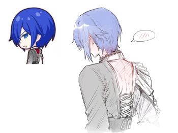 Rule 34 | 1boy, 25-ji kaito, 25-ji nightcord de. (project sekai), blue eyes, blue hair, blush, body blush, commentary request, ear blush, highres, kaito (vocaloid), korean commentary, lomo (81159), male focus, neck blush, open mouth, project sekai, ribbon, short hair, sideways glance, simple background, spoken blush, upper body, white background