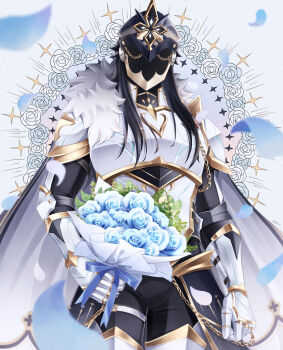 1boy absurdres alternate_costume armor black_hair black_helmet blue_flower blue_ribbon blue_rose bouquet breastplate cape capitano_(genshin_impact) commentary_request falling_petals faulds feet_out_of_frame flower formal_clothes fur_trim gauntlets genshin_impact gold_trim helmet highres holding holding_bouquet leaf long_hair male_focus petals plant ribbon rose solo standing uouzzz white_armor white_cape white_fur