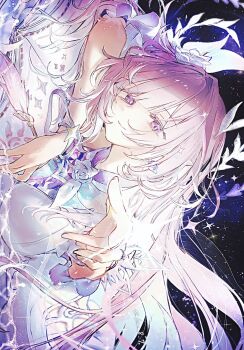 1girl book breast_rest breasts cyrene_(honkai:_star_rail) cyrene_(ripples_of_past_reverie)_(honkai:_star_rail) flower hair_flower hair_ornament hashtag-only_commentary highres honkai:_star_rail honkai_(series) kino-cands large_breasts long_hair looking_at_viewer open_book pink_hair purple_eyes sky smile solo star_(sky) starry_sky very_long_hair