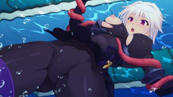 1girl air_bubble arisia_hellioxenes blush bodysuit breasts bubble game_cg kourin_tenshi_en_ciel_rena large_breasts large_variant_set nipples non-web_source official_art open_mouth purple_eyes red_eyes restrained saitou_natsuki short_hair solo suhamaya tentacles torn_bodysuit torn_clothes underwater variant_set white_hair