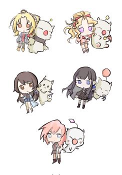 5girls animal_ear_headwear animal_ears black_boots black_dress black_hair black_shorts blonde_hair blue_coat blue_eyes boots brown_eyes brown_sweater cardigan cat_ears charla chibi chibi_only coat creature dissidia_duellum_final_fantasy dissidia_final_fantasy dress earrings fake_animal_ears final_fantasy final_fantasy_v final_fantasy_vi final_fantasy_viii final_fantasy_xiii final_fantasy_xiv fishnet_thighhighs fishnets full_body gaia_(ff14) grey_skirt hair_ribbon highres jacket jewelry krile_mayer_baldesion_(ff5) light_frown light_smile lightning_farron long_coat long_hair moogle multiple_girls official_alternate_costume pink_cardigan pink_hair ponytail purple_eyes red_ribbon red_shirt ribbon rinoa_heartilly school_uniform shirt shorts sketch skirt sweater thighhighs tina_branford white_background white_jacket