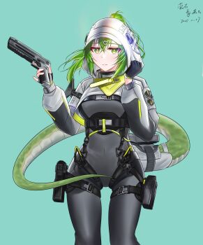 1girl absurdres arknights arknights:_endfield black_bodysuit black_gloves bodysuit breasts closed_mouth commentary_request covered_navel fingerless_gloves fluorite_(arknights) gloves green_background green_eyes green_tail gun hands_up highres holding holding_gun holding_weapon long_hair looking_at_viewer medium_breasts ruoyun shrug_(clothing) snake_tail solo tail weapon white_shrug