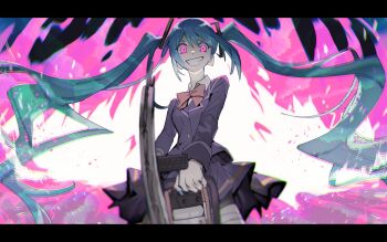 1girl alternate_eye_color aqua_hair black_jacket blurry bow bowtie breasts chainsaw chromatic_aberration commentary_request crazy_grin crazy_smile grin hatsune_miku highres holding holding_chainsaw jacket kire_carry_on_(vocaloid) letterboxed long_hair long_neck medium_breasts miniskirt pink_background pink_eyes pleated_skirt red_bow red_bowtie school_uniform skirt smile solo soyaka thighhighs twintails very_long_hair vocaloid white_thighhighs