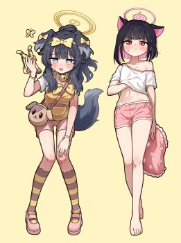 2girls absurdres ahoge animal_ear_fluff animal_ears bare_shoulders barefoot bell black_hair black_hoodie blue_archive blue_eyes blush bow butter_(trickcal) butter_(trickcal)_(cosplay) cat_choker cat_ears cat_girl cat_tail chibi choker colored_inner_animal_ears colored_inner_hair commentary_request cosplay costume_switch crossover dog_ears dog_girl dog_tail double-parted_bangs droopy_ears extra_ears eyewear_on_head fang feet floppy_ears full_body goggles goggles_on_head golmonggu green_sailor_collar hair_bow hair_ornament halo hand_under_clothes hand_under_shirt hibiki_(blue_archive) hibiki_(cheer_squad)_(blue_archive) highres holding holding_pom_poms hood hoodie jacket jingle_bell kazusa_(blue_archive) kommy_(trickcal) kommy_(trickcal)_(cosplay) korean_commentary long_hair long_sleeves multicolored_hair multiple_girls navel neck_bell neckerchief open_mouth pink_hair pink_halo pink_neckerchief pink_shorts pom_pom_(cheerleading) pom_poms red_eyes ribbon sailor_collar scratching_chest shirt short_hair short_sleeves shorts simple_background skirt slingshot_(weapon) species_connection striped_clothes striped_thighhighs tail thighhighs toes trickcal two-tone_hair white_shirt yellow_background yellow_halo yellow_ribbon yellow_shirt