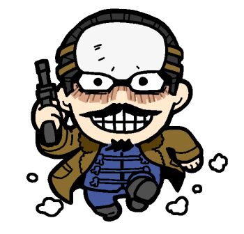 1boy bkub black_boots black_hat blue_pants blue_shirt boots brown_coat chibi chibi_only coat facial_hair full_body golden_kamuy grid_teeth gun hat holding holding_gun holding_weapon long_sleeves looking_at_viewer male_focus mustache open_clothes open_coat pants shirt simple_background solo standing standing_on_one_leg tsurumi_tokushirou weapon white_background