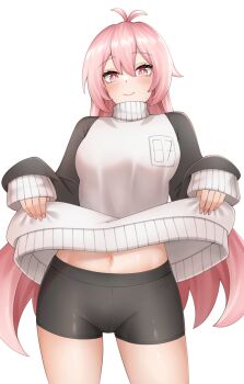 1girl bike_shorts black_shorts breasts lifting_own_clothes looking_at_viewer medium_breasts mumble_(shachimu) navel pink_eyes pink_hair popcornflakes shorts simple_background solo sweater tagme white_background