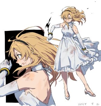 Rule 34 | 1girl, bare shoulders, black background, black hairband, blonde hair, breasts, bruise, dated, dress, elbow gloves, frilled dress, frills, gloves, hairband, highres, injury, koishikawa iko, large breasts, long hair, multiple views, profile, shoes, shy (series), simple background, takatisakana, torn clothes, torn dress, white background, white dress, white gloves