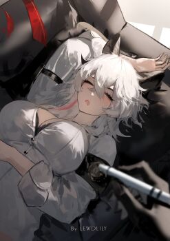 Rule 34 | 1boy, 1girl, absurdres, arm up, armband, artist name, black armband, black bra, black horns, bra, bra peek, breasts, closed eyes, couch, curled horns, drooling, hair between eyes, highres, holding, holding marker, horns, large breasts, lewdlily66, long hair, lying, male rover (wuthering waves), marker, multicolored hair, necktie, on back, on couch, open mouth, pov, pov hands, red necktie, rover (wuthering waves), shirt, sleeping, solo focus, streaked hair, underwear, unworn necktie, white hair, white shirt, wuthering waves, zani (wuthering waves)