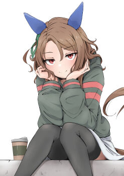 1girl absurdres animal_ears black_jacket black_thighhighs blush brown_hair brown_tail closed_mouth commentary_request cup ear_covers green_ribbon hair_ornament head_rest highres horse_ears horse_girl horse_tail jacket king_halo_(umamusume) knees_together_feet_apart looking_at_viewer medium_hair red_eyes ribbon shijimi_(sijimi1917) simple_background sitting skirt smile solo tail thighhighs umamusume white_background white_skirt