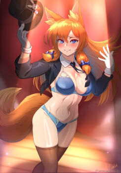 1girl animal_ear_fluff animal_ears artist_name black_hat black_jacket black_necktie blue_bow blue_bra blue_eyes blue_panties blush bow bra breasts brown_thighhighs cleavage closed_mouth collarbone commentary commentary_request covered_navel cowboy_shot detached_collar english_commentary eyelashes fox_ears fox_girl fox_tail gloves groin hair_between_eyes hair_bow hat highres holding holding_unworn_clothes holding_unworn_hat jacket kitsu_(vilde_loh_hocen) large_variant_set light_smile long_hair long_sleeves looking_at_viewer medium_breasts mixed-language_commentary necktie open_clothes open_jacket orange_hair original panties patreon_logo patreon_username playboy_bunny solo spotlight stage tail thighhighs top_hat underwear unworn_hat unworn_headwear variant_set vilde_loh_hocen watermark web_address white_gloves