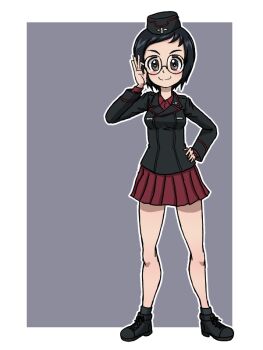 Rule 34 | 1girl, adjusting eyewear, black eyes, black hair, black jacket, commentary, garrison cap, girls und panzer, glasses, hand on own hip, hat, jacket, katsuya megu, kuromorimine military uniform, red skirt, round eyewear, short hair, simple background, skirt, smile, solo, takahashi kurage