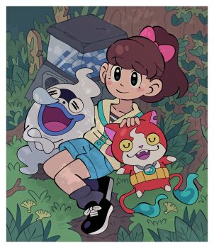 1girl absurdres billspooks blue_shorts bow brown_hair closed_eyes crossed_arms fangs fire flame-tipped_tail foliage gashapon ghost grass haramaki highres jacket jewelry jibanyan kodama_fumika long_sleeves lying moss multiple_tails necklace nekomata nose_bubble nostrils notched_ear on_grass open_mouth outdoors pink_bow plant_roots ponytail red_fur shorts sleeping smile tail traditional_youkai tree two_tails u_u whisper_(youkai_watch) white_jacket youkai_(youkai_watch) youkai_watch