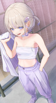 1girl absurdres blonde_hair chest_sarashi choker commentary_request hand_in_pocket highres holding holding_jacket holding_unworn_clothes hololive jacket kaaaaak553 looking_at_viewer midriff multicolored_hair open_mouth pants purple_choker purple_hair purple_pants purple_shoes sarashi shoes short_hair solo streaked_hair todoroki_hajime two_side_up unworn_jacket virtual_youtuber
