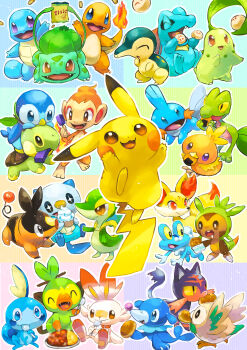 absurdres blue_eyes border bright_pupils brown_eyes bulbasaur charmander chespin chikorita chimchar chips_(food) commentary_request curry curry_rice cyndaquil fennekin fire flame-tipped_tail food froakie gen_1_pokemon gen_2_pokemon gen_3_pokemon gen_4_pokemon gen_5_pokemon gen_6_pokemon gen_7_pokemon gen_8_pokemon grookey highres holding holding_food ice_cream litten mudkip nintendo no_humans onigiri open_mouth oshawott pikachu piplup plant pokemon pokemon_(creature) pokemon_day popplio popsicle purple_eyes rice rowlet scorbunny snivy sobble squirtle starter_pokemon_trio steamed_bun tail tepig toneko torchic totodile treecko turtwig vines white_border white_pupils
