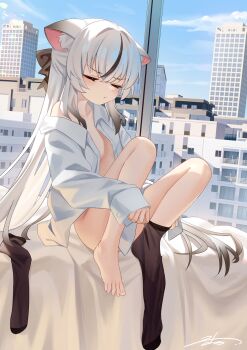 1girl :t animal_ear_fluff animal_ears barefoot black_hair black_thighhighs blue_archive chinese_commentary cityscape closed_eyes closed_mouth collared_shirt commentary_request dressing flat_chest grey_hair highres knees_up kokona_(blue_archive) long_hair multicolored_hair pout shirt signature single_bare_foot sitting solo streaked_hair thighhighs tiger_ears tiger_girl toes two-tone_hair very_long_hair white_shirt window zds