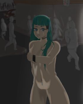 belly_piercing big_hair blue_eyes blue_hair body_writing breasts exhibitionism greek_text green_hair highres humiliation large_breasts long_hair pale_color piercing public_indecency public_nudity punk punk_rock punkish_gothic road slave slave_contract street strip_tease submission tattoo thick_thighs thigh_gap thighs translated wide_hips