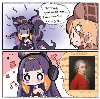 2girls 2koma black_dress black_gloves blonde_hair blush borrowed_inset bright_pupils chibi comic commentary deerstalker detached_sleeves dress english_commentary english_text gloves hair_behind_ear hair_ornament halo hat hololive hololive_english i_wonder_what_she&#039;s_listening_to_(meme) maru_ccy meme multiple_girls ninomae_ina&#039;nis ninomae_ina&#039;nis_(1st_costume) parody purple_hair real_life single_detached_sleeve smile speech_bubble strapless strapless_dress sweatdrop tentacle_hair tentacles thought_bubble tube_dress virtual_youtuber watson_amelia watson_amelia_(1st_costume) white_pupils wolfgang_amadeus_mozart