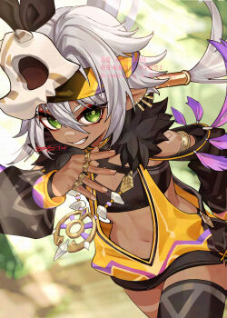 1girl armlet artist_name black_headband black_sports_bra black_thighhighs blurry blurry_background body_markings clothing_cutout commentary_request dark-skinned_female dark_skin dated earrings eyelashes feathers floating_hair genshin_impact gold_armlet gold_earrings gold_ring green_eyes grey_hair grin hair_between_eyes hair_intakes hair_ornament hair_tubes hand_up headband highres iansan_(genshin_impact) jewelry long_hair long_sleeves looking_at_viewer low_twintails multiple_earrings multiple_rings navel necklace ojo_aa pointy_ears puffy_long_sleeves puffy_sleeves ring running shoulder_cutout side_cutout sidelocks signature single_thighhigh skull_hair_ornament smile solo sports_bra stomach teeth thighhighs twintails twitter_username v-shaped_eyebrows very_long_hair watermark