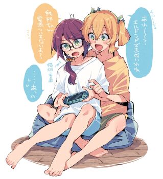 Rule 34 | 2girls, :d, ?, ??, barefoot, bbr brbr, bean bag chair, behind another, bell, black-framed eyewear, blonde hair, blue shorts, blush, commentary, daiba nana, fingernails, full body, glasses, green eyes, green ribbon, green shorts, hair bell, hair between eyes, hair ornament, hair ribbon, hand on another's head, handheld game console, hands up, heads together, highres, holding, holding handheld game console, hoshimi junna, jingle bell, knees together feet apart, light bulb, long hair, looking at object, looking down, multiple girls, nintendo switch, open mouth, purple hair, ribbon, shirt, short hair, short sleeves, short twintails, shorts, shoujo kageki revue starlight, three-quarter sleeves, smile, speech bubble, spoken light bulb, spoken sweatdrop, sweatdrop, toenails, translated, twintails, white background, white shirt, wooden floor, yellow shirt, yuri