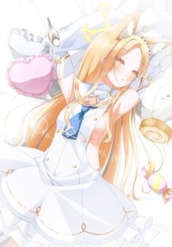 1girl absurdres animal_ear_fluff animal_ears armpits arms_up bare_shoulders bird blonde_hair blue_archive blue_necktie blush bow breasts bright_pupils buttons cake candy commentary commentary_request cowboy_shot cross_halo detached_sleeves double-breasted dress dutch_angle extra_ears eyelashes food forehead fox_ears fox_girl frilled_dress frilled_pillow frills hair_spread_out halo head_tilt heart heart-shaped_pillow highres kaorun_(momiji_hourensou) long_hair looking_at_viewer lying multicolored_eyes necktie no_bra on_back parted_bangs parted_lips pillow pink_eyes sailor_collar seia_(blue_archive) sideless_dress sidelocks simple_background sleeve_bow sleeves_past_fingers sleeves_past_wrists slit_pupils small_breasts solo swiss_roll two-tone_eyes very_long_hair white_background white_bow white_dress white_pupils white_sailor_collar wide_sleeves yellow_bow yellow_eyes yellow_halo