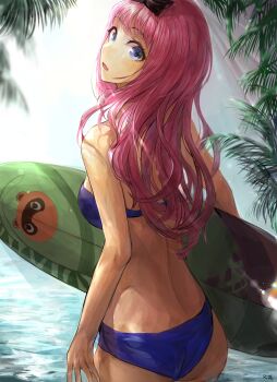 1girl animal_crossing ass bikini black_bow blue_eyes bow breasts chan1moon from_behind fujiwara_chika kaguya-sama_wa_kokurasetai_~tensai-tachi_no_renai_zunousen~ long_hair looking_back nintendo pink_hair surfboard swimsuit tom_nook_(animal_crossing) water