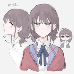 Rule 34 | 1girl, biting own lip, blue eyes, blue jacket, blue ribbon, blush, brown hair, character name, commentary, girls band cry, grey background, highres, iseri nina, jacket, looking at viewer, low twintails, luluhava, multiple views, neck ribbon, open clothes, open jacket, pinky out, red jacket, ribbon, shirt, short hair, short twintails, tongue, tongue out, translation request, twintails, upper body, white shirt