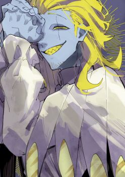 1boy blonde_hair colored_sclera colored_skin evil_grin evil_smile facial_hair goatee_stubble grey_background grey_skin grin highres long_hair long_sleeves looking_at_viewer male_focus nekoma_hikaru own_hands_clasped own_hands_together puffy_sleeves scar scar_across_eye scar_on_face sharp_teeth shirt smile solo stubble teeth traffic_jam_(vocaloid) upper_body welter_(a_ka_shi) white_shirt yellow_eyes yellow_sclera