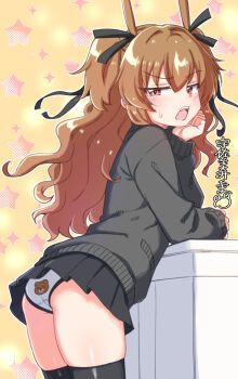 1girl animal_print ass bear_print black_ribbon black_skirt black_sweater black_thighhighs blush brown_hair commentary_request cowboy_shot denmaru._(dedendenmaru) hair_between_eyes hair_ribbon highres long_hair long_sleeves miniskirt open_mouth original outline panties pleated_skirt print_panties red_eyes ribbon school_uniform skindentation skirt solo sparkle_background star_(symbol) star_symbol_background sweatdrop sweater teeth thighhighs translation_request two_side_up underwear upper_teeth_only white_outline white_panties