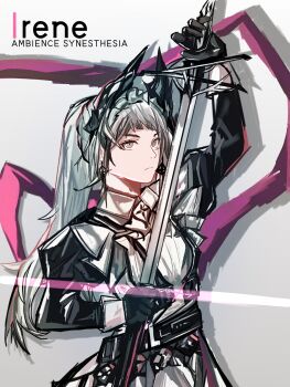 1girl ambience_synesthesia arknights black_gloves black_jacket character_name commentary_request copyright_name cross cross_earrings cross_scar dress earrings frown gloves grey_background grey_eyes grey_hair head_wings highres holding holding_sword holding_weapon irene_(arknights) irene_(voyage_of_feathers)_(arknights) jacket jewelry long_hair long_sleeves looking_at_viewer official_alternate_costume open_clothes open_jacket pink_ribbon ponytail ribbon scabbard scar scar_across_eye scar_on_face shadow sheath simple_background solo sword unsheathing upper_body user_tfzj8422 v-shaped_eyebrows weapon white_dress wings