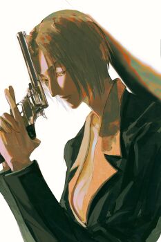 Rule 34 | 1girl, absurdres, aquiline nose, black jacket, blonde hair, brown eyes, closed mouth, collarbone, collared jacket, czyw, frown, gun, highres, holding, holding gun, holding weapon, hunter x hunter, jacket, looking to the side, medium hair, no shirt, nose, pakunoda, simple background, solo, weapon, white background