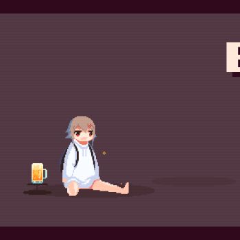 1girl alcohol animated animated_gif backpack bag bare_legs barefoot beer beer_mug black_bag brown_background brown_hair cup drawstring drinking drunk english_text hood hood_down hoodie long_sleeves looping_animation lowres mug original pixel_art shadow short_hair simple_background sitting solo sotie untranslatable_commentary white_hoodie wide_shot