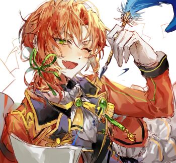 Rule 34 | 1boy, ;d, ascot, blazer, blush, brooch, commentary request, ensemble stars!, fang, feathers, gloves, green eyes, green ribbon, hair ribbon, hand up, highres, holding, holding paper, holding quill, jacket, jewelry, kkuekkue (chifer1958), korean commentary, long sleeves, looking at viewer, low ponytail, male focus, neck ribbon, one eye closed, open mouth, orange hair, orange jacket, paper, ponytail, quill, red hair, ribbon, simple background, smile, solo, tsukinaga leo, upper body, white ascot, white background, white gloves, yellow ribbon