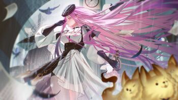 1girl absurdres baby_animal black_gloves breasts cerberus dog dress elbow_gloves fate/grand_order fate_(series) gloves highres large_breasts light_(nightty45) long_hair long_sleeves medusa_(celebratory_attire)_(fate) medusa_(fate) medusa_(saber)_(fate) parted_bangs puppy purple_eyes purple_hair very_long_hair