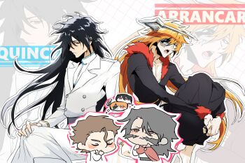4boys aizen_sousuke arrancar black_hair bleach bleach:_sennen_kessen-hen blush brown_hair buttons chibi chibi_inset coat double-breasted dual_persona facial_hair feet_out_of_frame fur-trimmed_kimono fur-trimmed_robe fur_trim highres hollow_mask horns image_in_thought_bubble japanese_clothes kimono kurosaki_ichigo long_hair losloslaus multiple_boys mustache open_mouth orange_hair parted_lips pectoral_cleavage pectorals red_eyes robe single_horn sitting very_long_hair white_coat yhwach