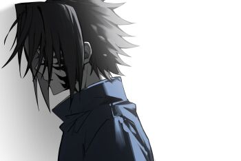 Rule 34 | 1boy, 9boksen, absurdres, black hair, blue jacket, body markings, from side, highres, jacket, male focus, naruto (classic), naruto (series), short hair, simple background, solo, uchiha sasuke, upper body, white background