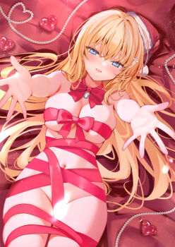 1girl :d arms_up blonde_hair blue_eyes blush bow bowtie breasts brooch cleavage commentary_request cross_hair_ornament from_above fur-trimmed_headwear fur_trim groin hair_ornament hat heart jewelry light_censor long_hair looking_at_viewer lying medium_breasts naked_ribbon navel on_back on_bed open_mouth original pon_(ponidrop) red_bow red_bowtie red_hat ribbon santa_hat smile solo tilted_headwear very_long_hair