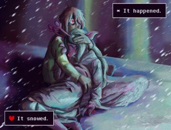 1girl 1other angel_wings animal_ears antlers bad_end blizzard blonde_hair blood blood_on_hands brown_hair buck_teeth constricted_pupils crying crying_with_eyes_open deer_antlers deer_ears deer_girl deltarune feathered_wings fine_art_parody freckles furry furry_female hand_on_another's_head head_hug highres horns hug injury ivan_the_terrible_and_his_son_ivan jestercircus kris_(deltarune) long_hair medium_hair messy_hair noelle_holiday noelle_holiday_(dark_world) parody red_eyes reindeer_girl scared snowing spoilers symbolism tearing_up tears teeth traumatized utdr_(toby_fox) weird_route_(deltarune) wide-eyed wings