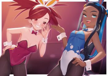 Rule 34 | 2girls, :d, alternate costume, animal ears, blue bow, blue bowtie, blue eyes, border, bow, bowtie, breasts, detached collar, earrings, eyelashes, fake animal ears, flannery (pokemon), gazing eye, grin, hairband, hand on own hip, hand up, highres, hoop earrings, jewelry, leotard, long hair, mixed-language commentary, multicolored hair, multiple girls, nessa (pokemon), nintendo, ok sign, open mouth, outside border, pantyhose, playboy bunny, pokemon, pokemon sword and shield, red bow, red bowtie, red eyes, red hair, red leotard, sidelocks, smile, teeth, textless version, tongue, two-tone hair, upper teeth only, white border, white hairband, wrist cuffs
